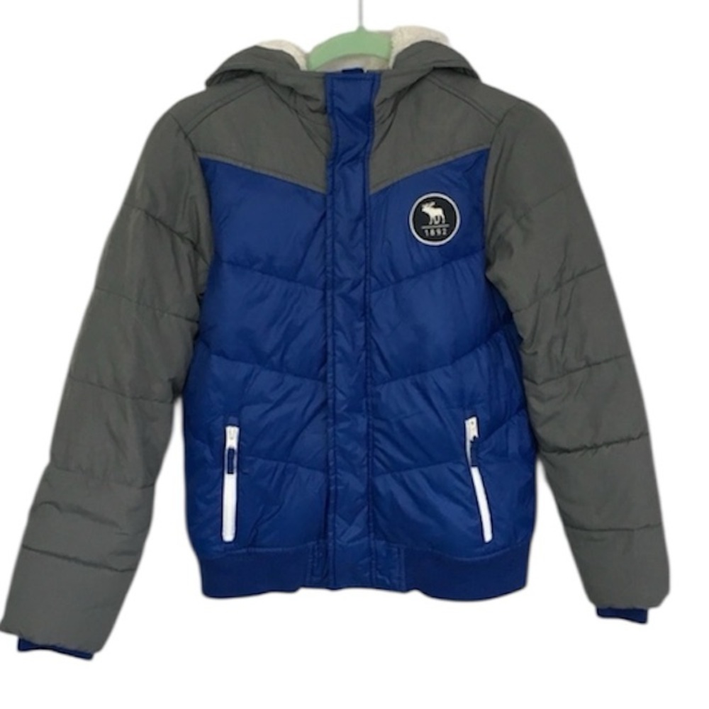 Abercrombie Kids Boys Blue Gray Fleece Lined Hooded Puffer Coat Jacket 11/12